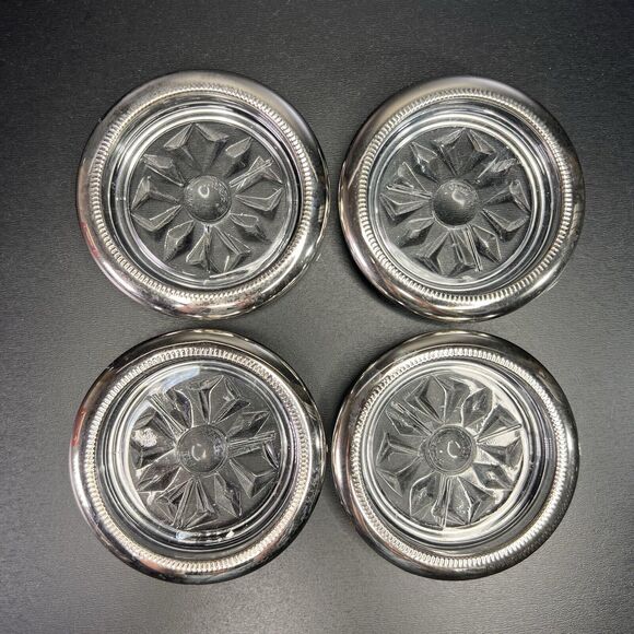 Vintage Silver Plate Trim Glass Coasters Set Of 4 Made In Italy - Picture 1 of 8